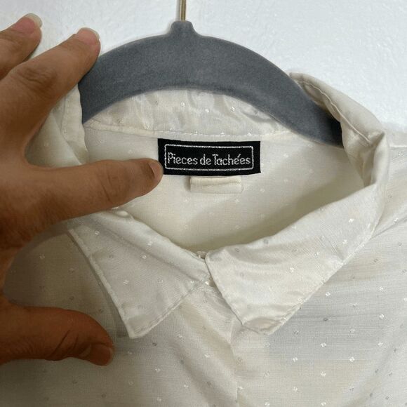 vtg 70s polka dot cream button up blouse statement puff‎ sleeves sheer Medium - Picture 5 of 12